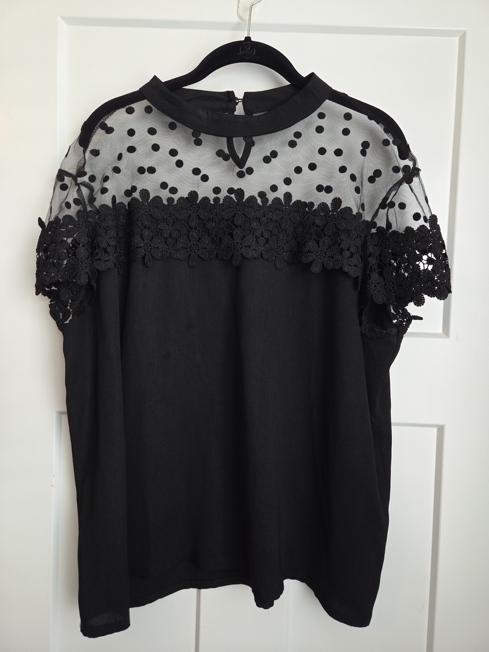 0062.  Black Lace Yoke Polka Dot Top - Women